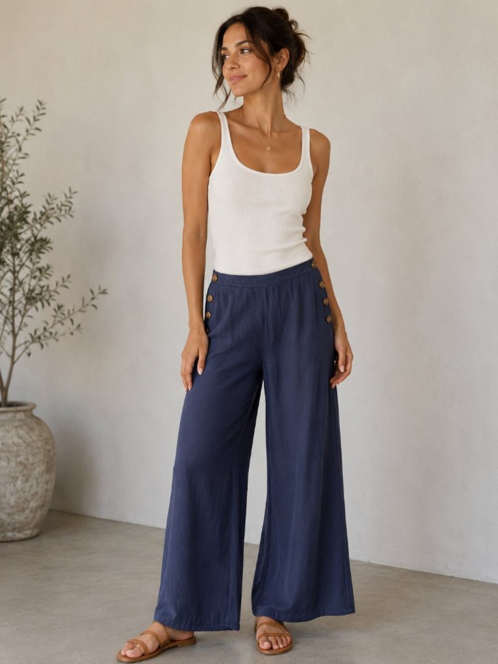 Sugar Lips Sailor Button Wide Leg Linen Blend Pants S Resort Vacation